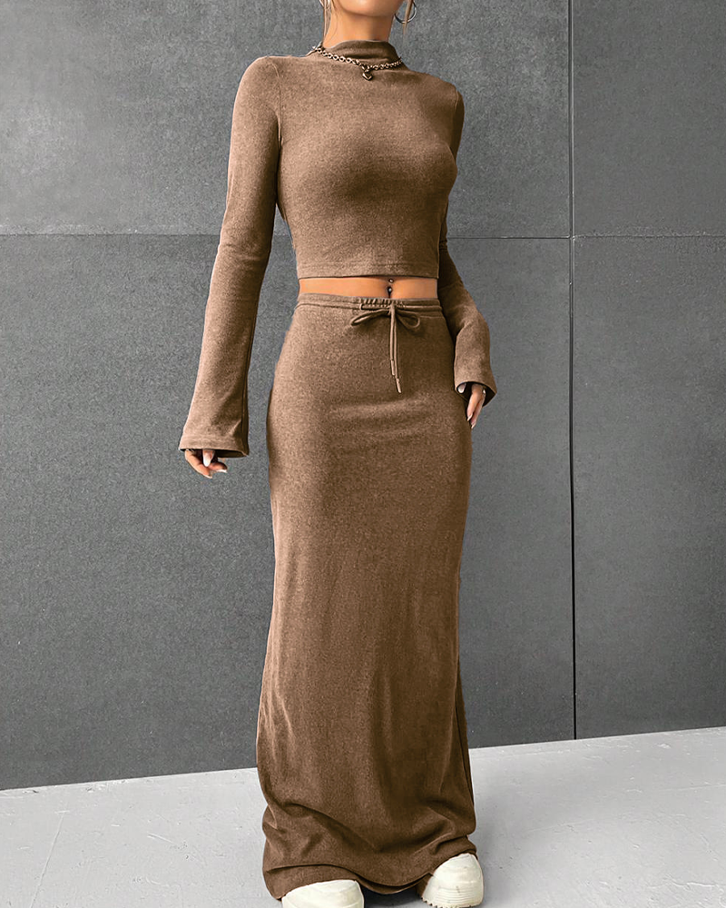 Solid Color Long-Sleeved Slim-Fit Base Layer Bodycon Long Skirt Set