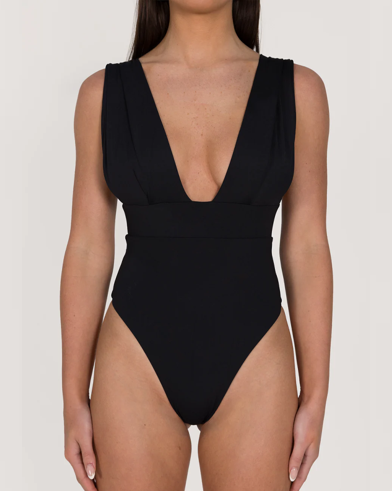 Deep V-Neck Sleeveless One-Piece Swimsuit with Ruched Wrap Skirt Cover-Up（Pre-Sale）