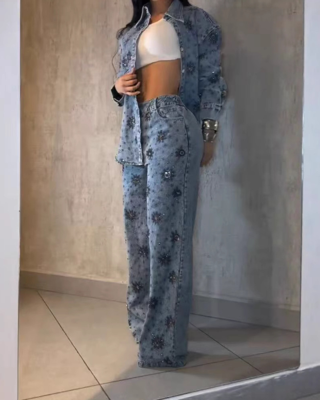 Heavy-Duty Beaded Floral Sequined Casual Straight-Leg Jeans (Pre-Sale)