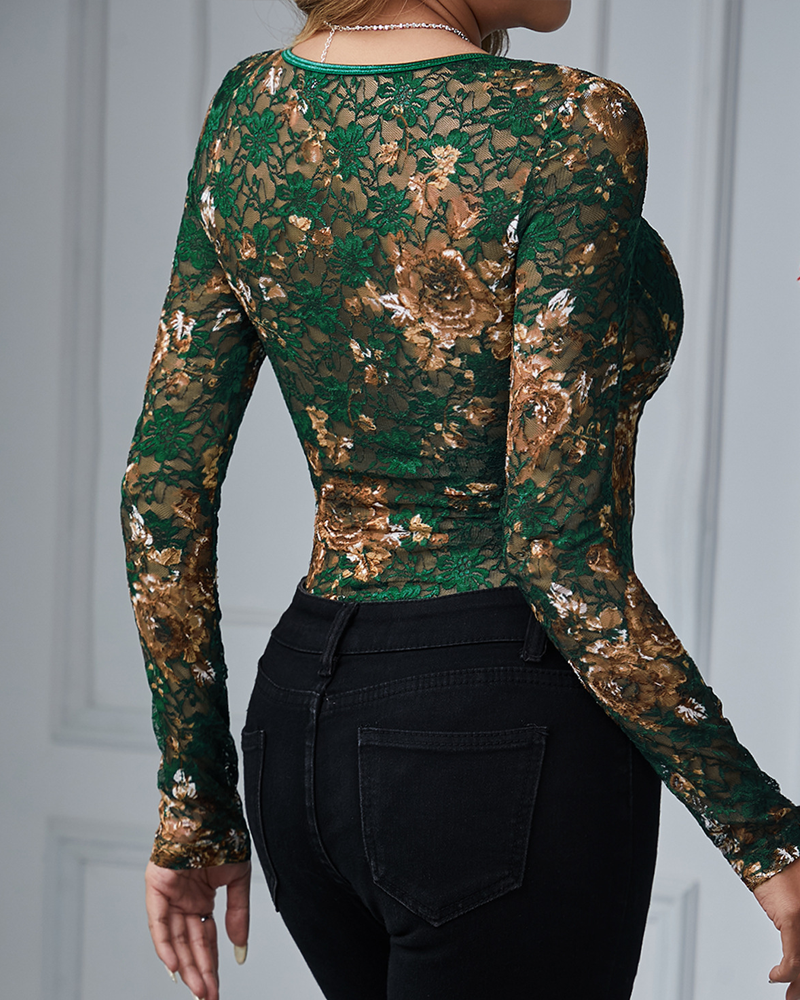Elegant Lace Floral Square Neck Tulle Long Sleeves Underwire Bodysuit