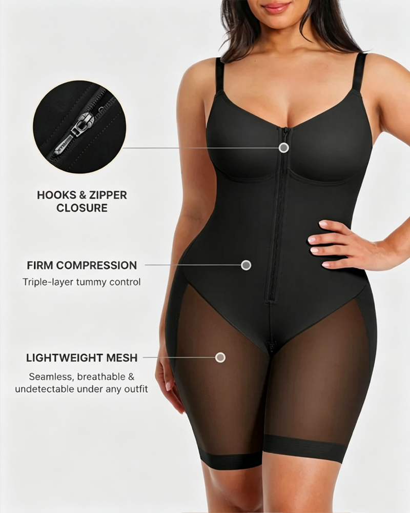 Front Zipper Butt Lifter Mid-Thigh Mesh Bodysuit Shapewear（Pre-Sale）