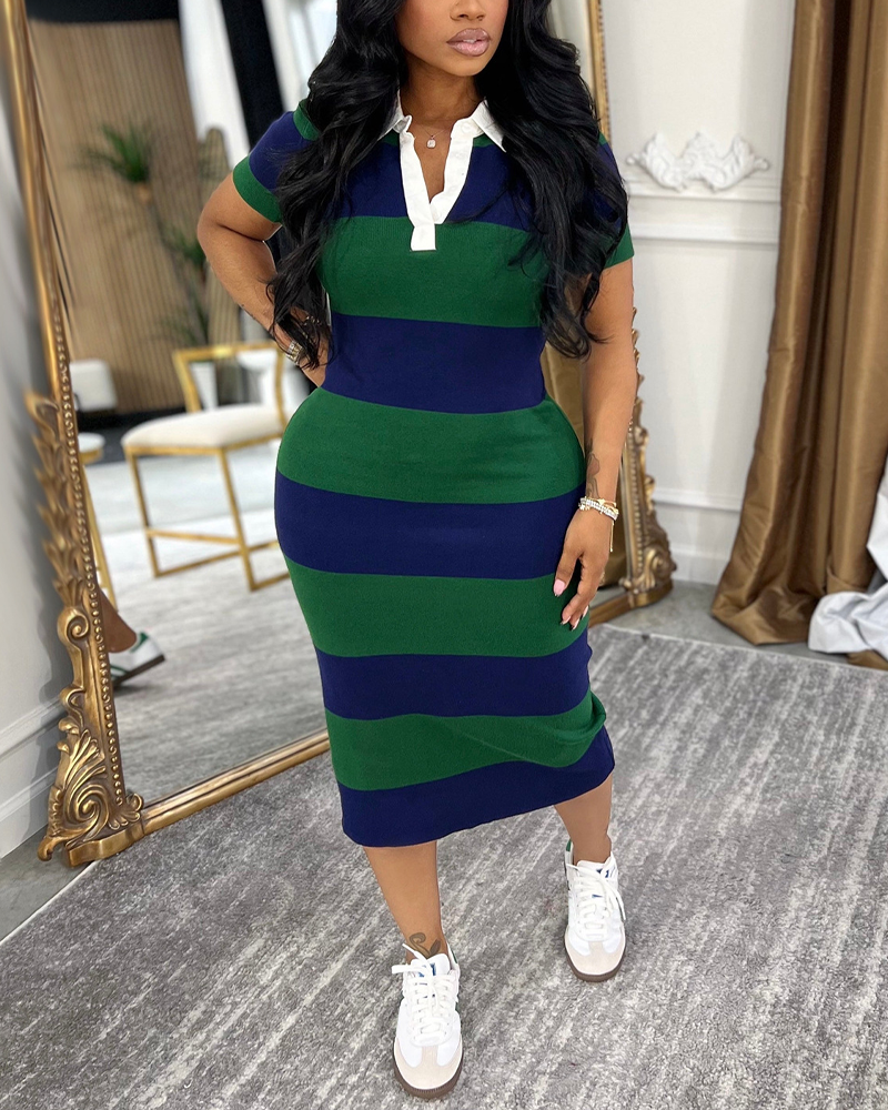 Polo Collar Retro Color Block Splicing Slim Fit Dress