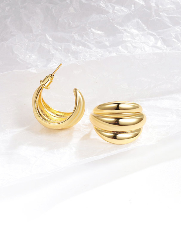 Three-circle C-shaped metal niche design earrings-Curvy-Faja