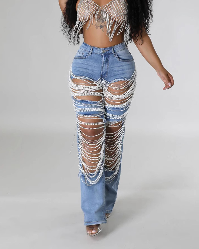 Ripped Heavily Beaded Stretch Jeans