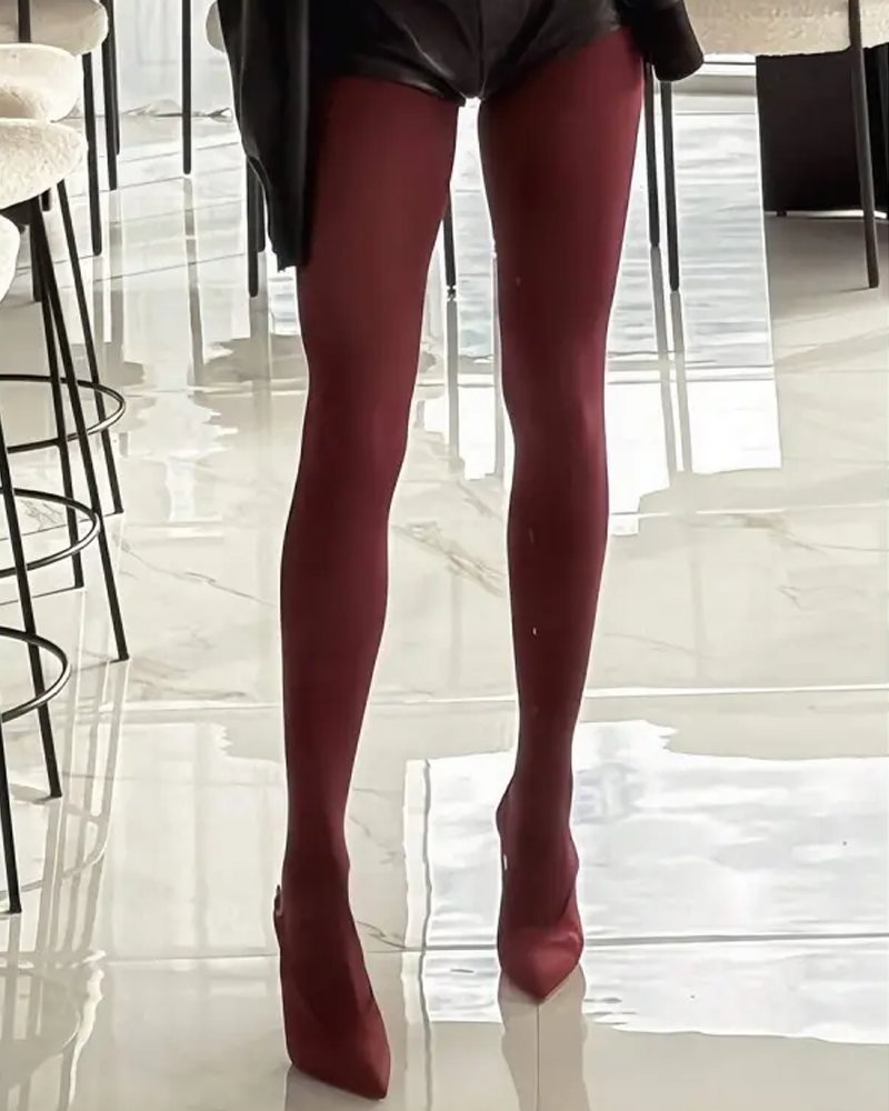 Retro-Elegant Burgundy Semi-Transparent Pantyhose