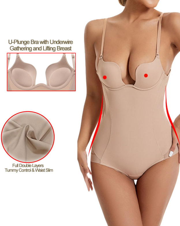 U-Shaped Bra Striped Mesh Belly Shaping Bodysuit-Curvy-Faja