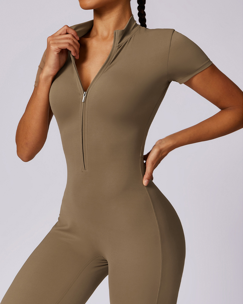 Zippered Short-Sleeved Slim-Fit Jumpsuit