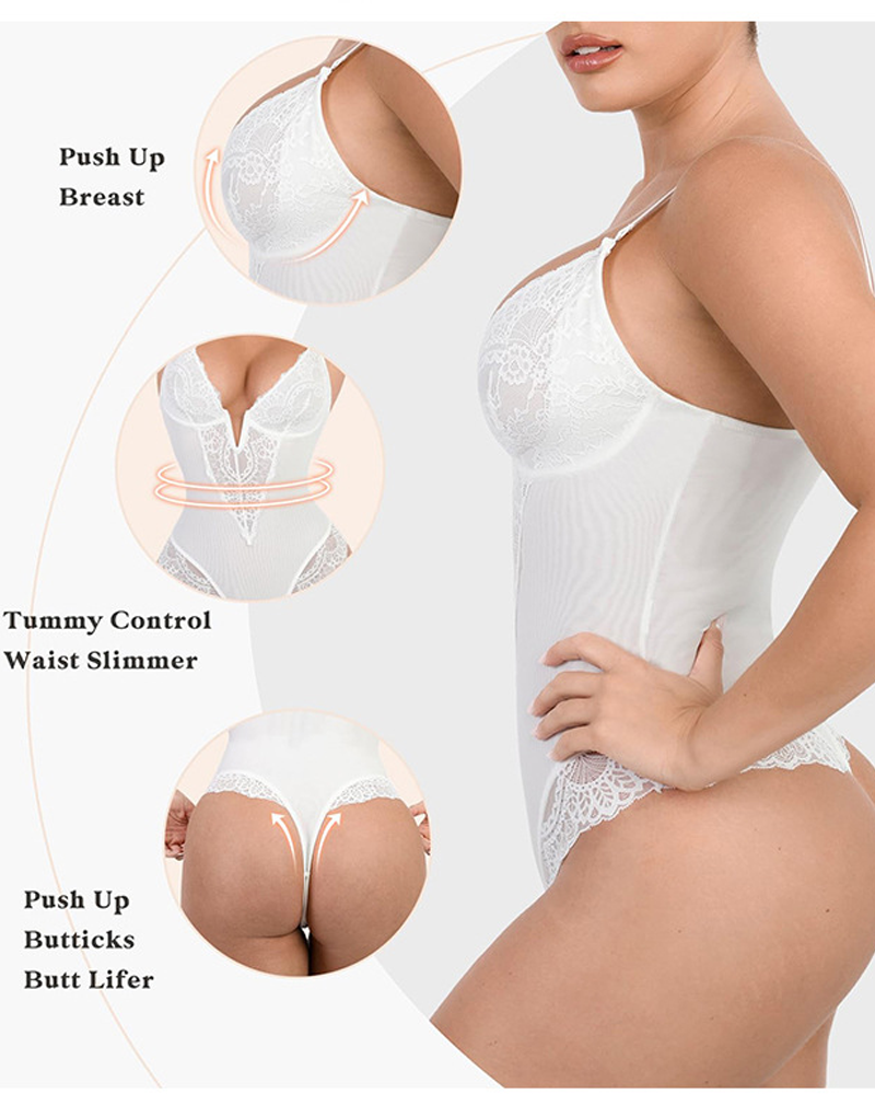 Deep V-Neck Shaping Lace Bodysuit
