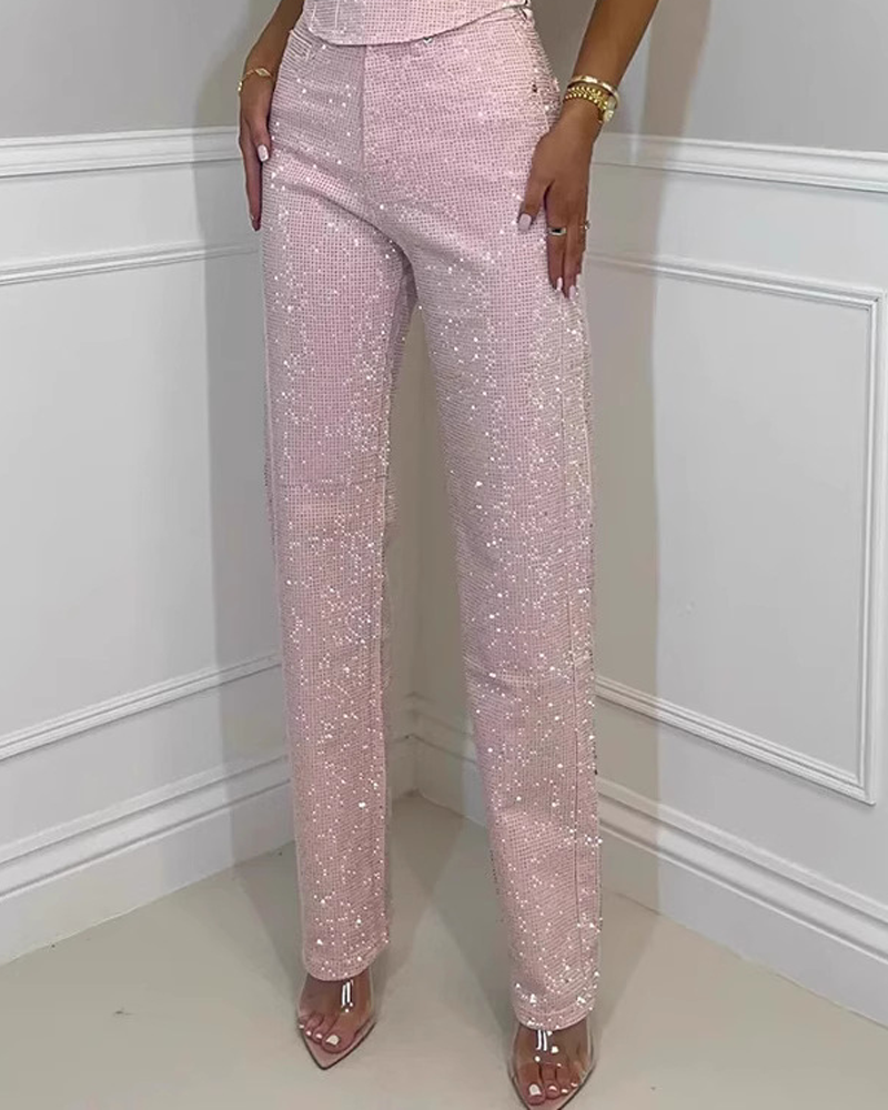 Sparkling Rhinestone-Embellished Straight-Leg Jeans