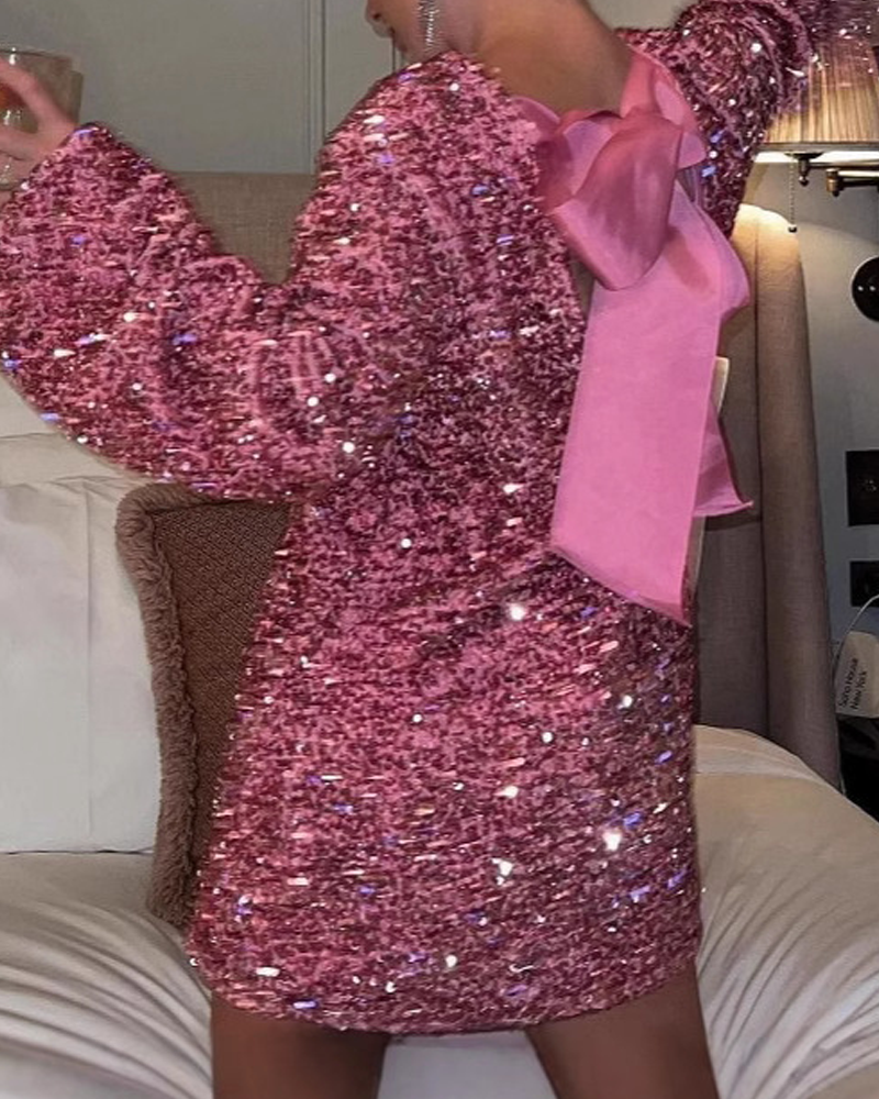 Christmas Party Backless Tie-Up Long-Sleeved Sequined Dress