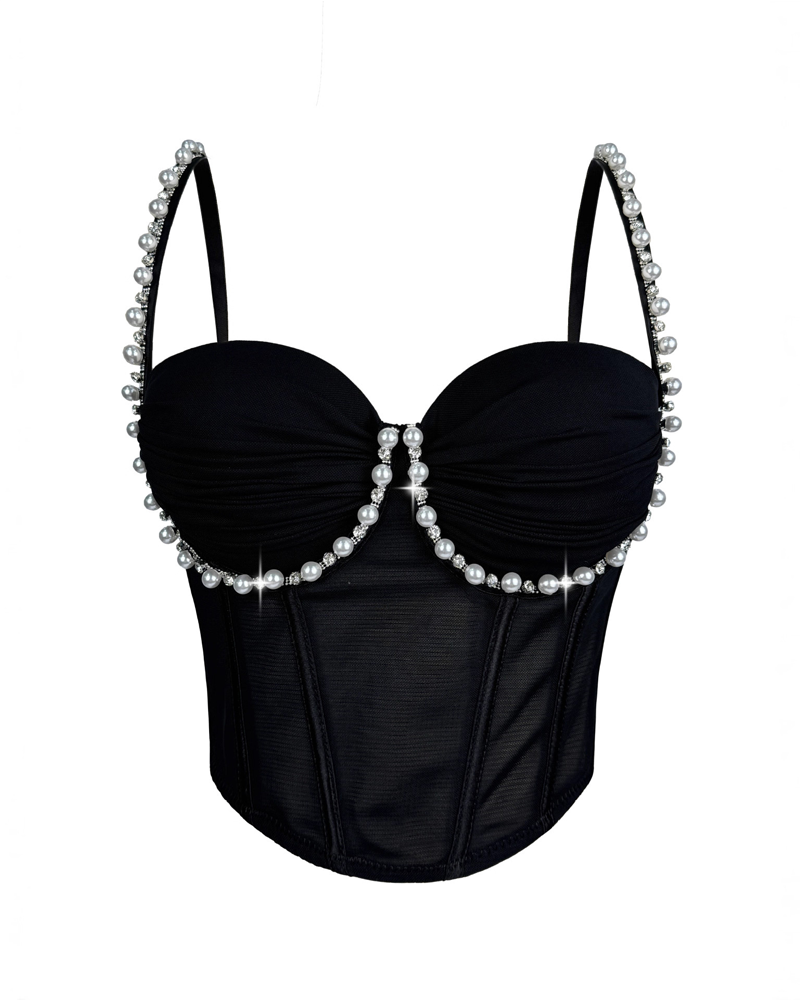 Beaded Pleated Mesh Boning Corset