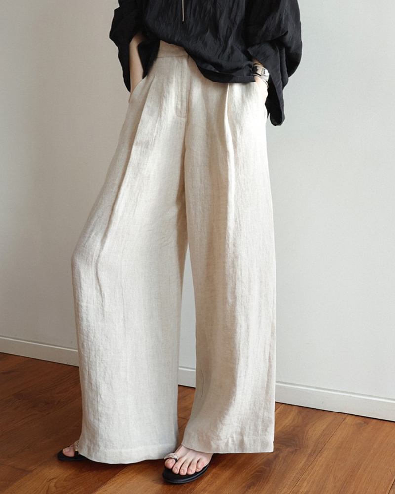 Cotton And Linen Casual Wide Leg Pants-Curvy-Faja