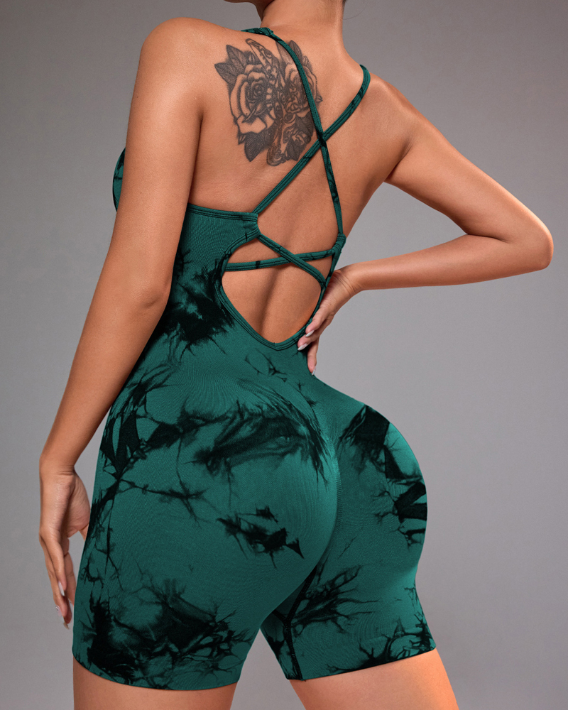 Tie-Dye Back Yoga Romper-Curvy-Faja