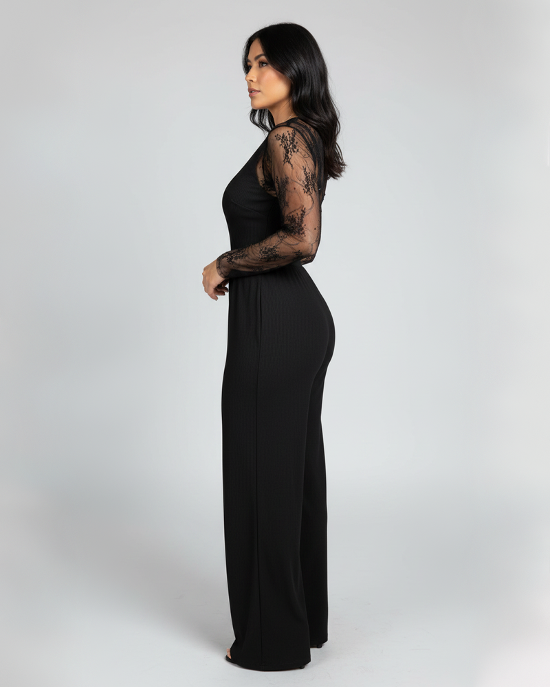 Lace T‑Shirt & Cami Fitted Wide‑Leg Pocket Jumpsuit Set