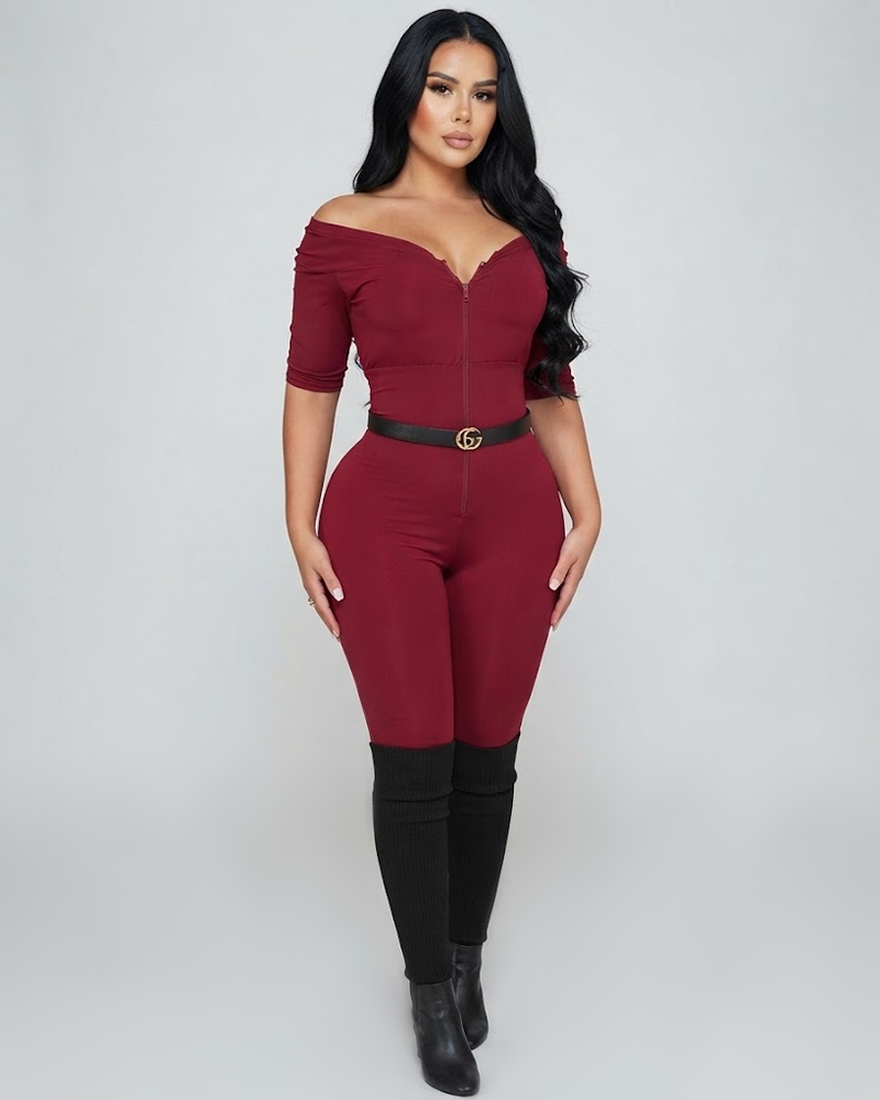V-Neck Front Zip Mid Sleeve Bodycon Shaping Jumpsuit（Pre-Sale）