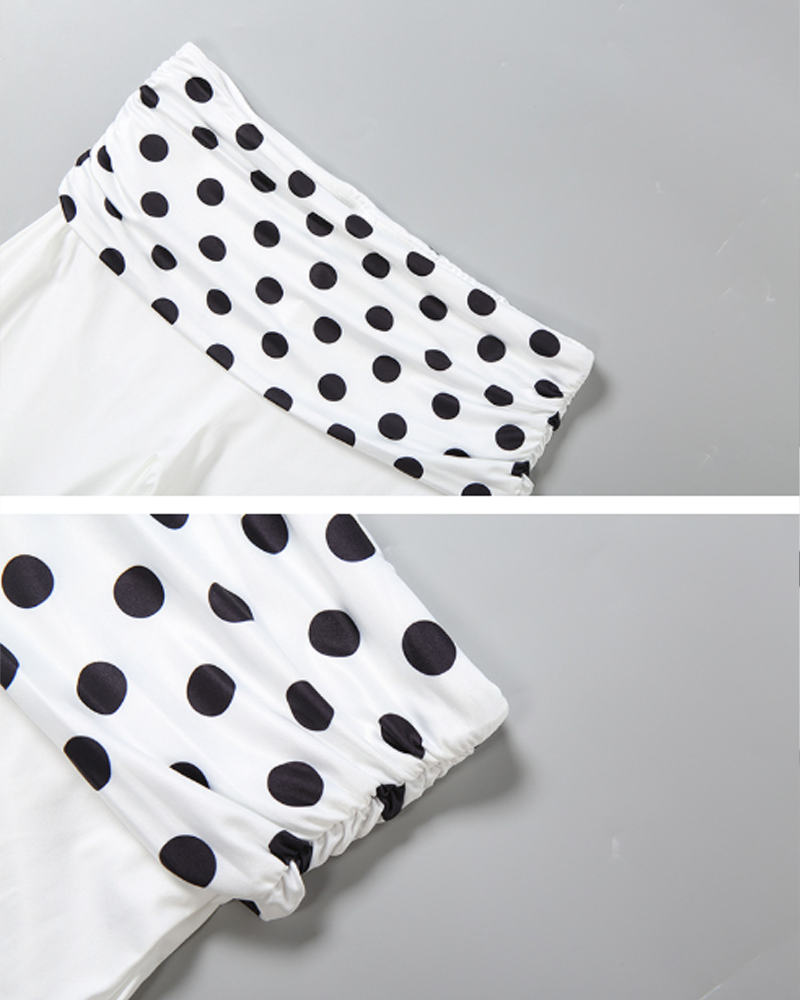 Stretchy Fashion Polka Dot Print V-Neck Crop Top & High Waist Slim Fit Pants Set