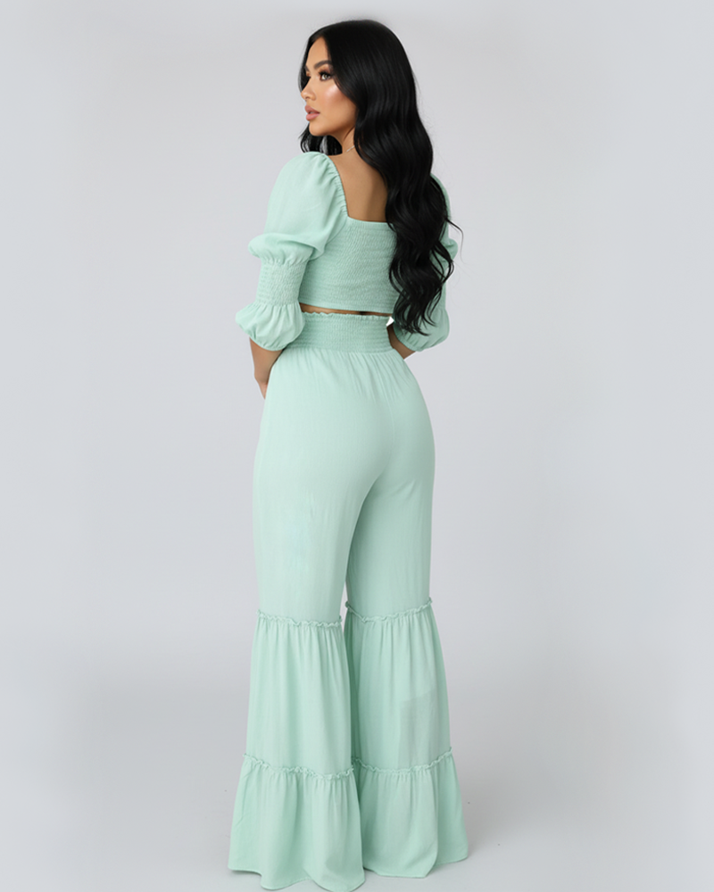 Elegant Vacation Smocked Waist Puff Sleeve Crop Top Ruffle Long Pants Set
