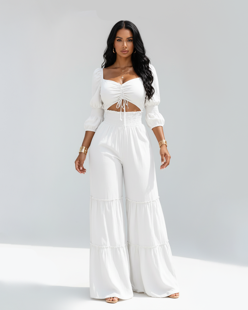 Elegant Vacation Smocked Waist Puff Sleeve Crop Top Ruffle Long Pants Set
