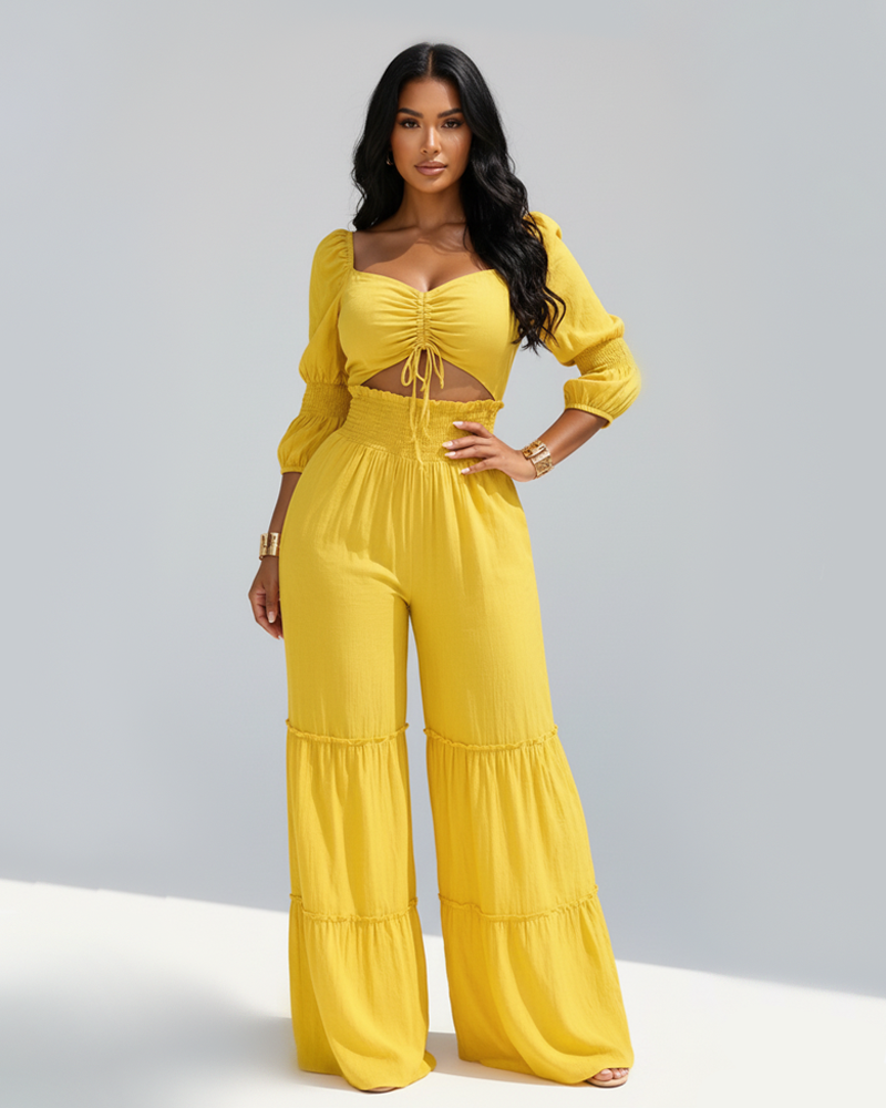 Elegant Vacation Smocked Waist Puff Sleeve Crop Top Ruffle Long Pants Set