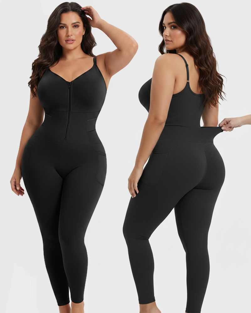 Front Zipper Full Body Shaper With Pockets Removable Pads Easy Take‑Off (Pre‑Sale)