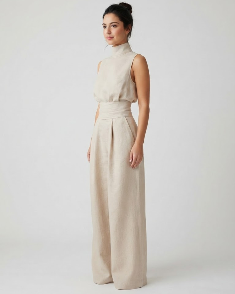 High Neck Backless Top Matching High Waist Wide Leg Trousers Outfit Set