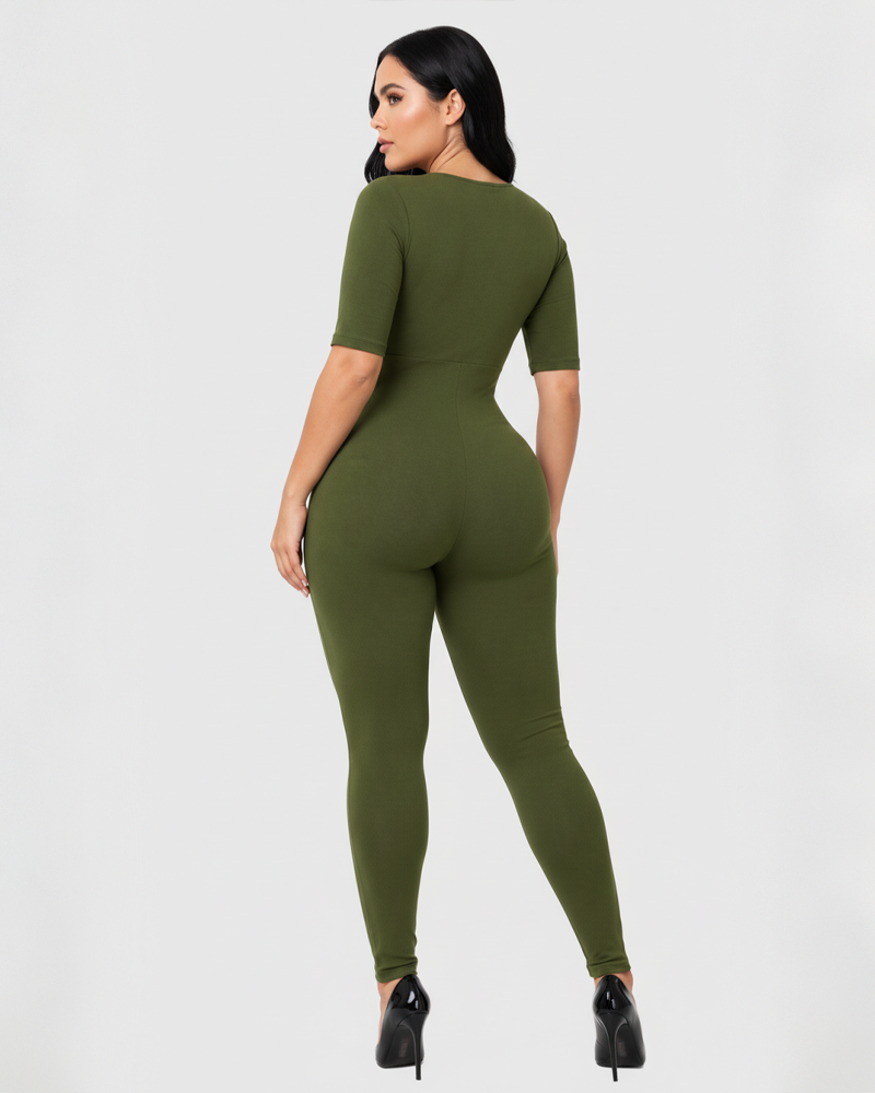 V-Neck Front Zip Mid Sleeve Bodycon Shaping Jumpsuit（Pre-Sale）