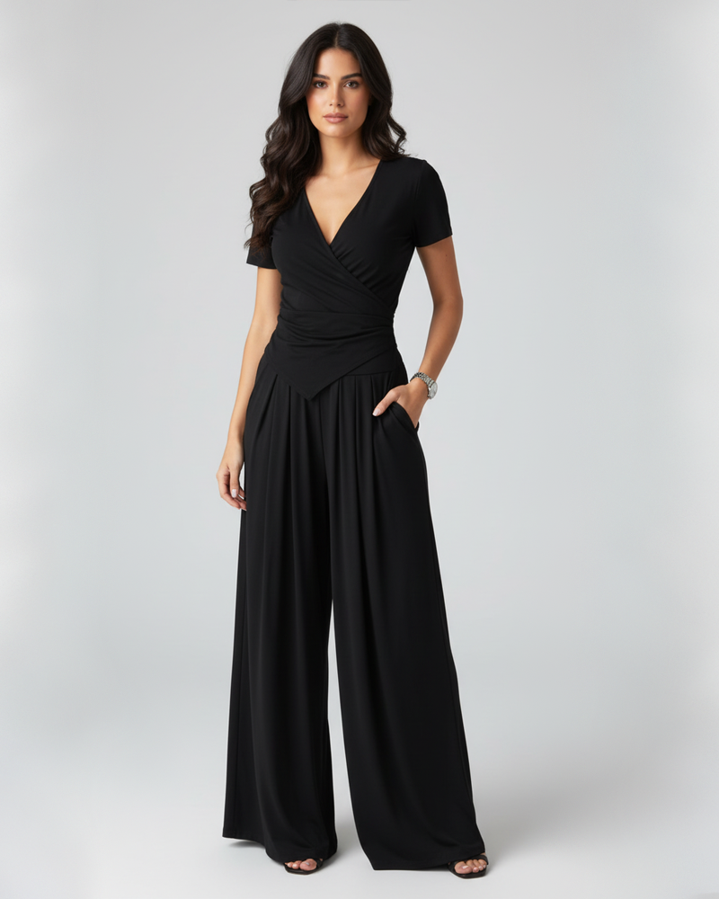 Women Wrap V Neck Short Sleeve Top & High Waist Wide Leg Pants Casual 2 Piece Outfit