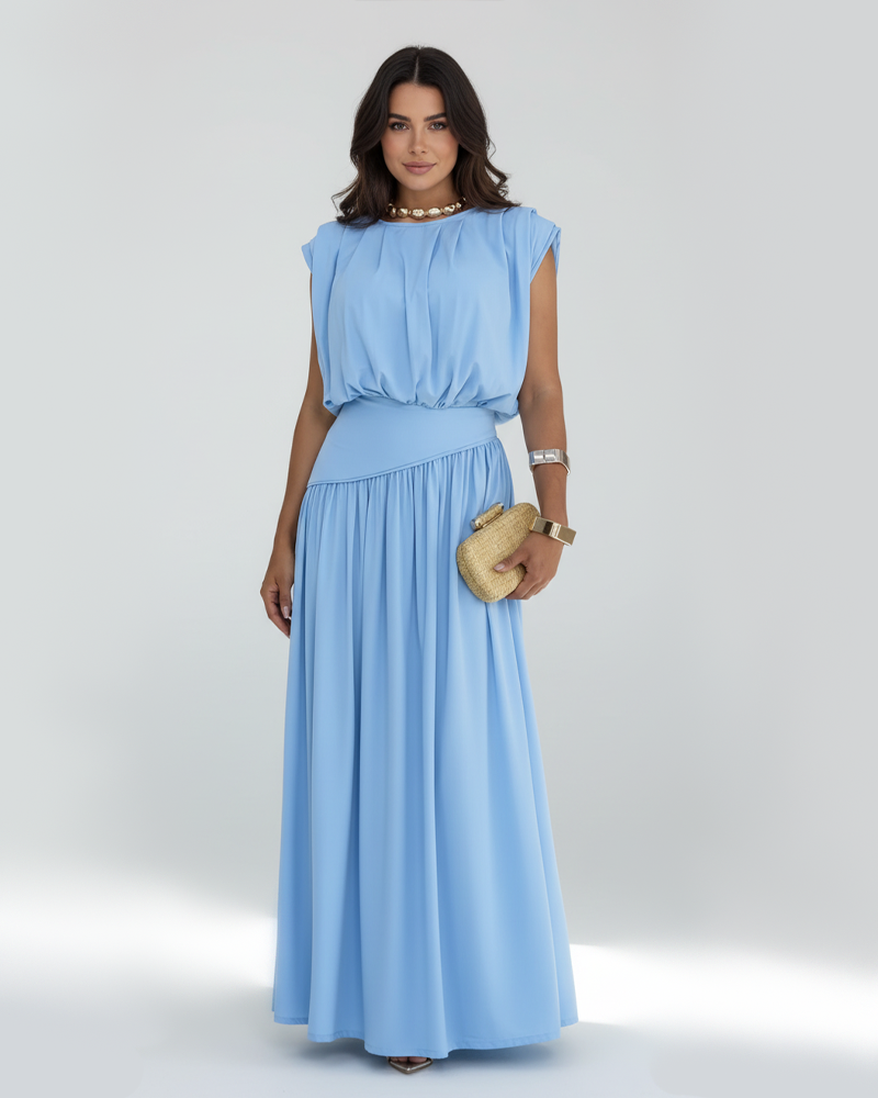 Sleeveless Pleated Overlay Maxi Skirt Set With Built-In Shapewear Bodysuit（Pre-Sale）