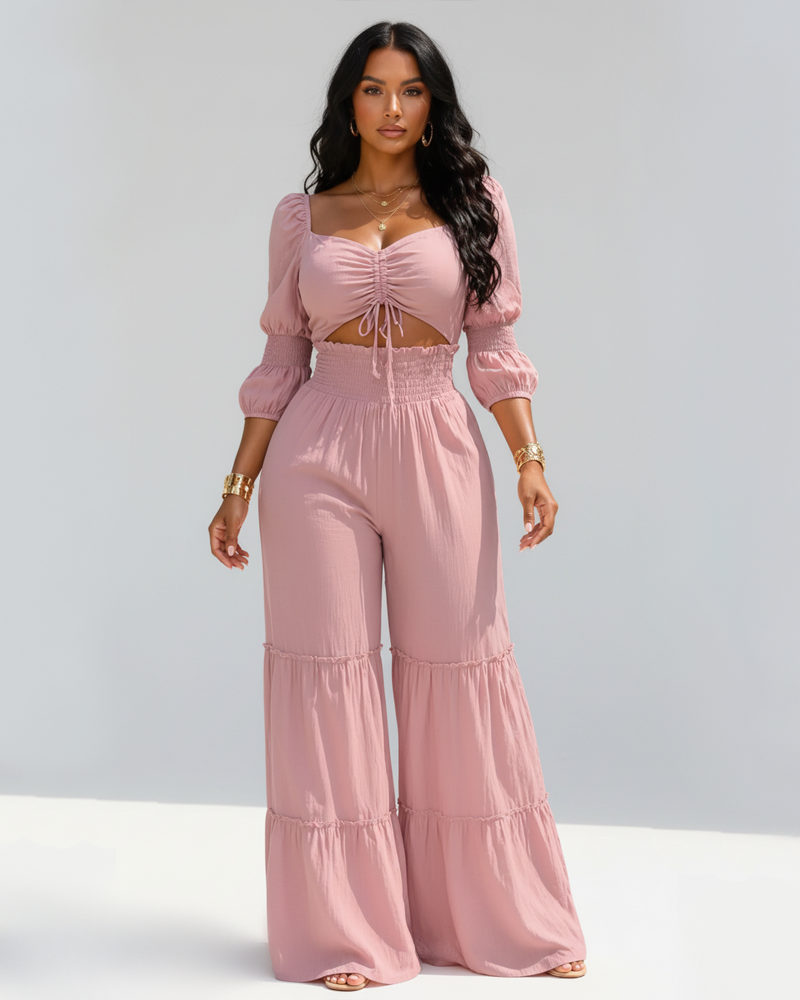 Elegant Vacation Smocked Waist Puff Sleeve Crop Top Ruffle Long Pants Set