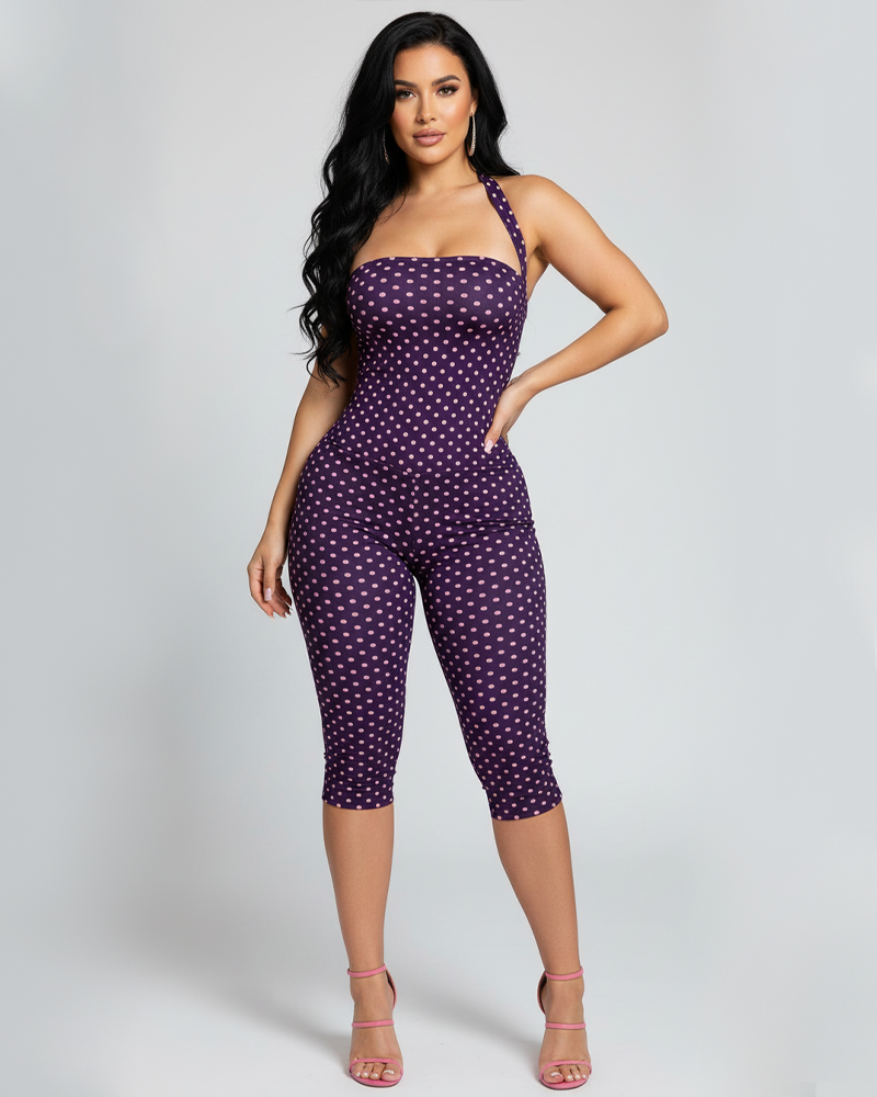 Fashion Polka‑Dot Sleeveless Halter Bodycon Cropped Jumpsuit