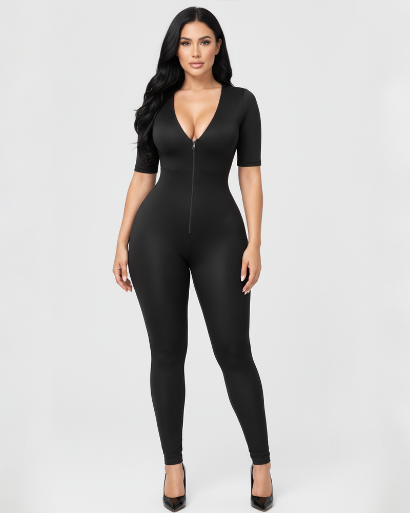 V-Neck Front Zip Mid Sleeve Bodycon Shaping Jumpsuit（Pre-Sale）