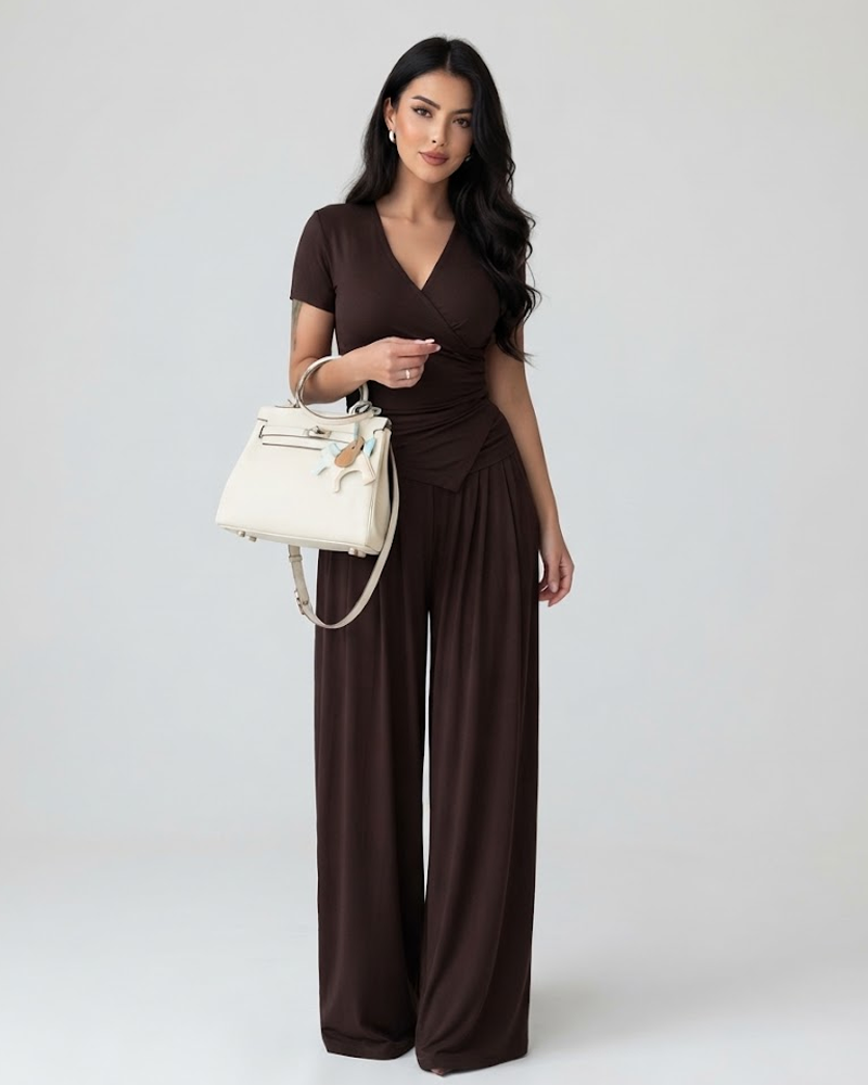 Women Wrap V Neck Short Sleeve Top & High Waist Wide Leg Pants Casual 2 Piece Outfit