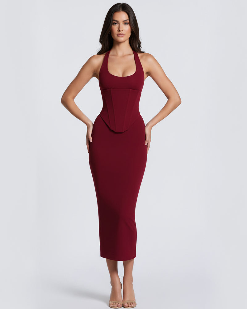 Halter Tie Boned Corset Midi Bodycon Evening Dress