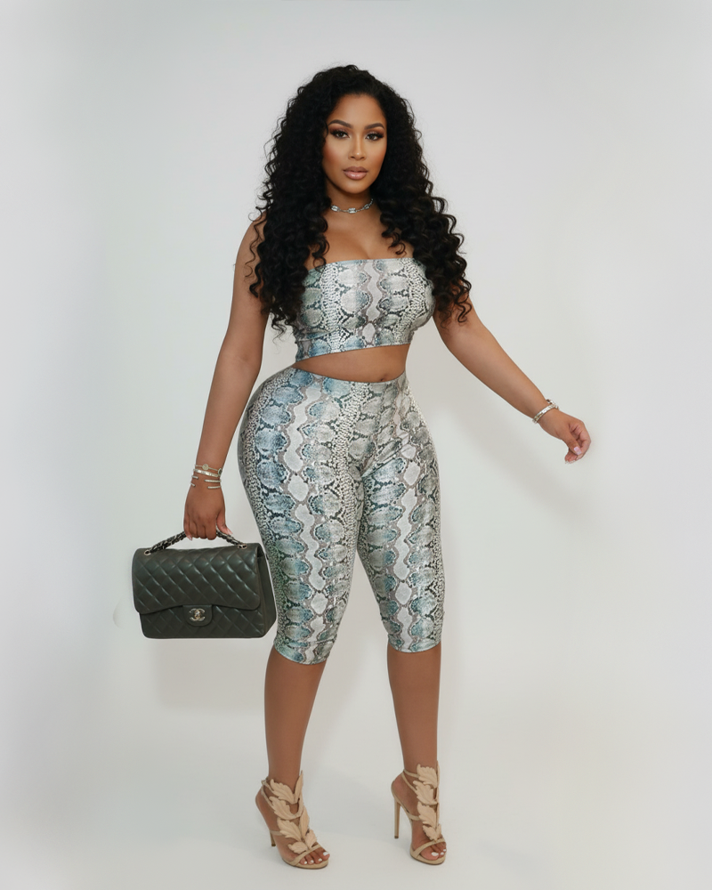 Snake Print Tube Top Skinny Capri Pants 2 Piece Outfit Set