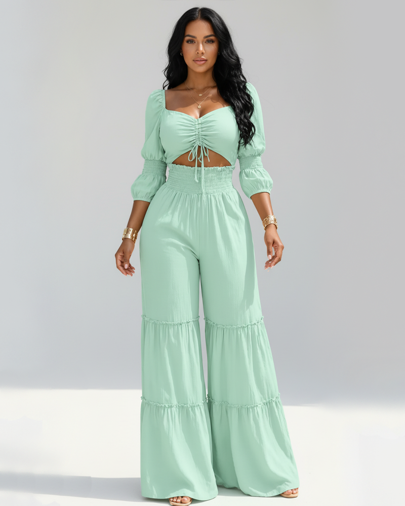 Elegant Vacation Smocked Waist Puff Sleeve Crop Top Ruffle Long Pants Set