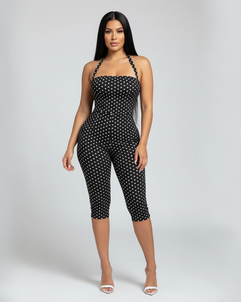 Fashion Polka‑Dot Sleeveless Halter Bodycon Cropped Jumpsuit