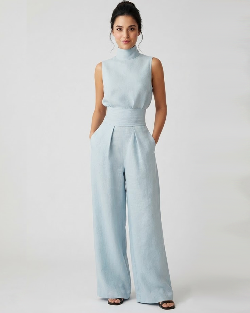 High Neck Backless Top Matching High Waist Wide Leg Trousers Outfit Set