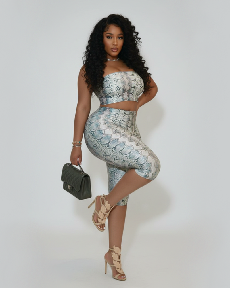 Snake Print Tube Top Skinny Capri Pants 2 Piece Outfit Set