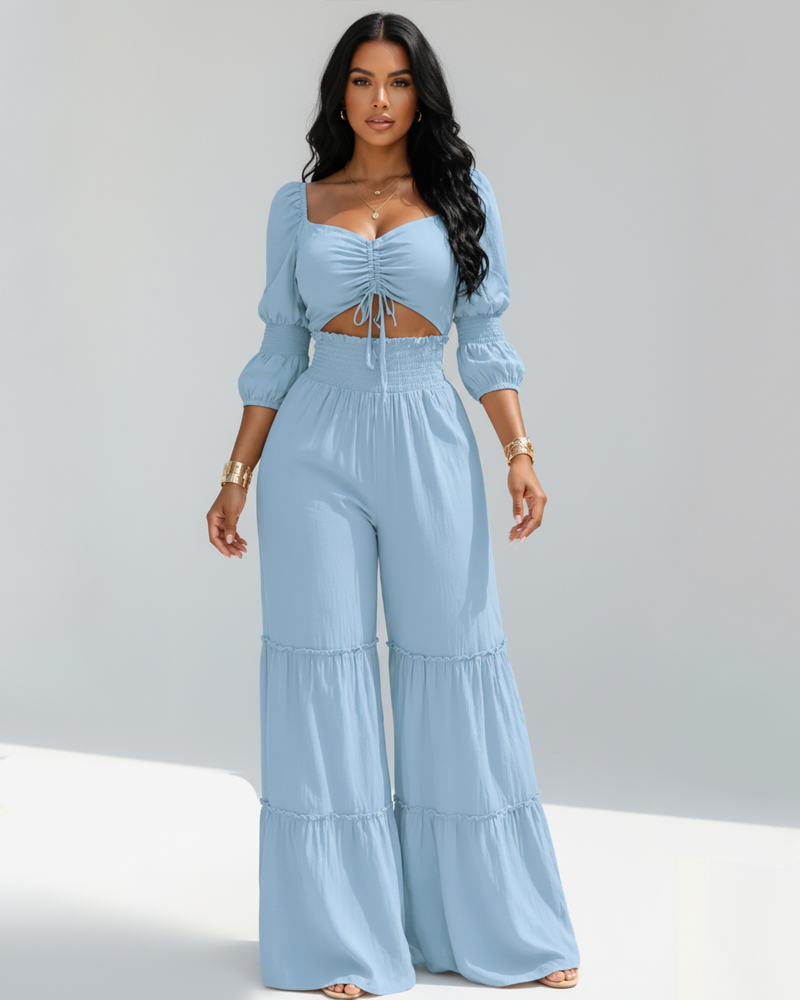 Elegant Vacation Smocked Waist Puff Sleeve Crop Top Ruffle Long Pants Set