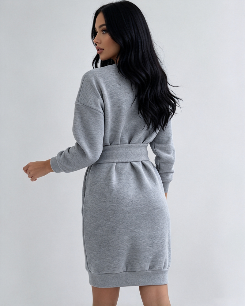 Crew Neck Long Sleeve Lace Up Corset Waist Sweatshirt Dress