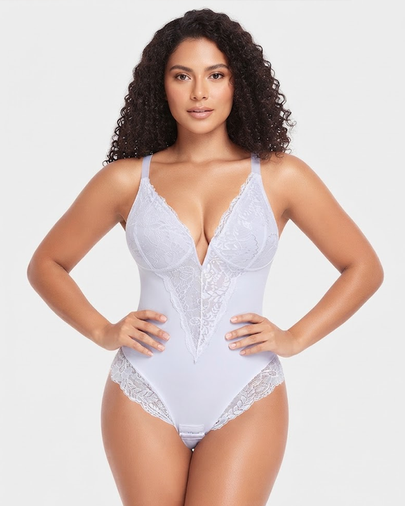 V‑Neck Lace Tummy Control Shaper Bodysuit (Pre‑Sale)