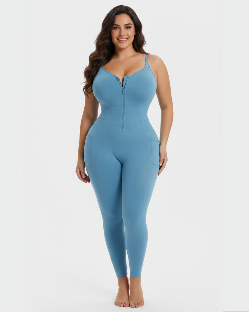 Front Zipper Full Body Shaper With Pockets Removable Pads Easy Take‑Off (Pre‑Sale)