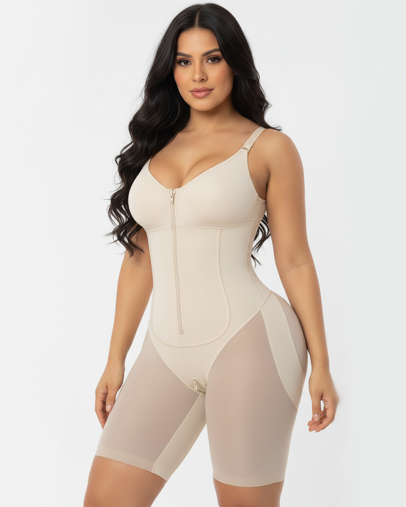U‑Shape Compression Front Zipper Tummy Control Butt Lifter Mesh Shapewear Bodysuit（Pre‑Sale）
