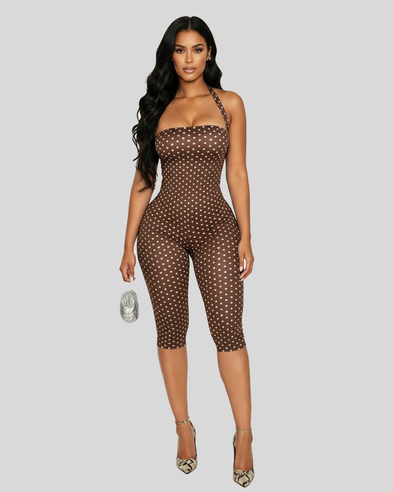 Fashion Polka‑Dot Sleeveless Halter Bodycon Cropped Jumpsuit
