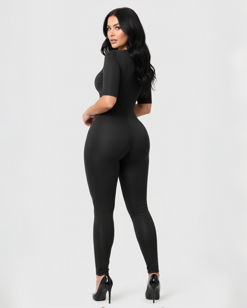 V-Neck Front Zip Mid Sleeve Bodycon Shaping Jumpsuit（Pre-Sale）
