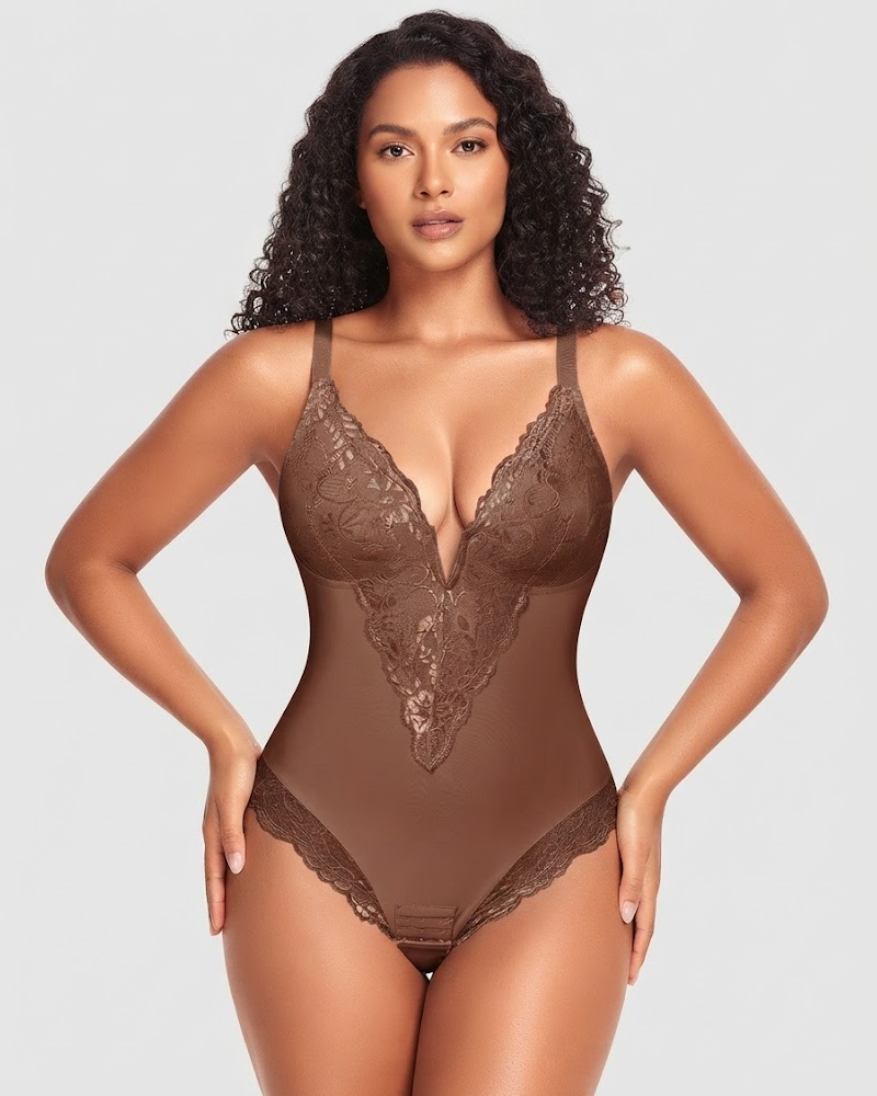 V‑Neck Lace Tummy Control Shaper Bodysuit (Pre‑Sale)