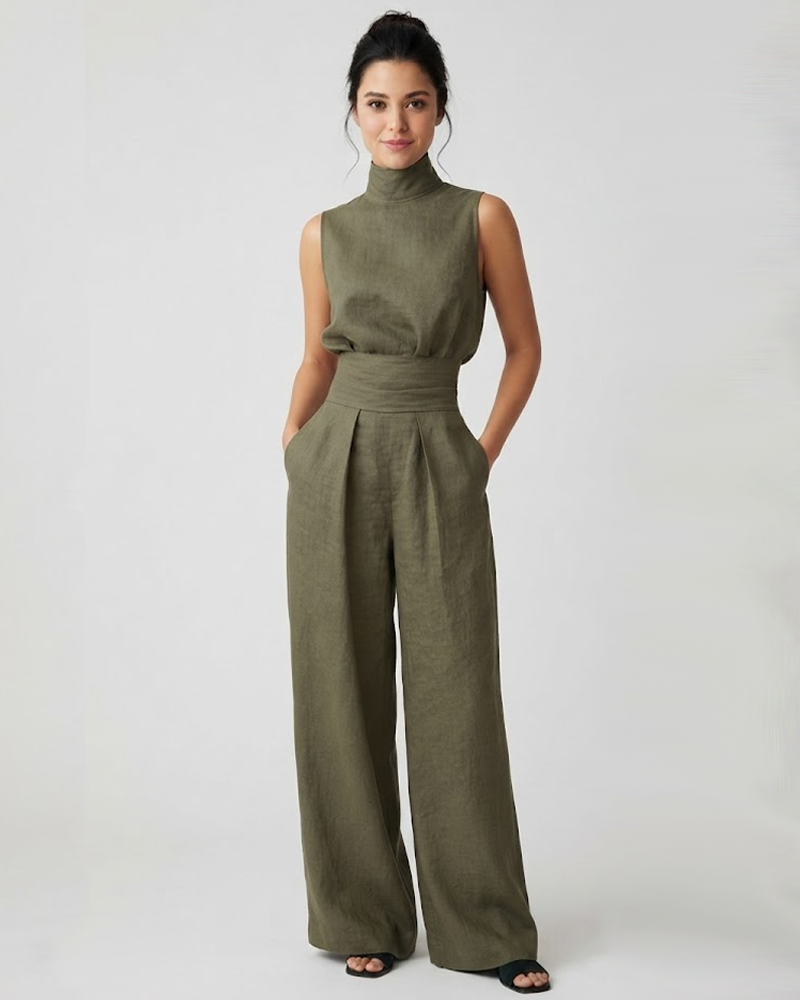 High Neck Backless Top Matching High Waist Wide Leg Trousers Outfit Set