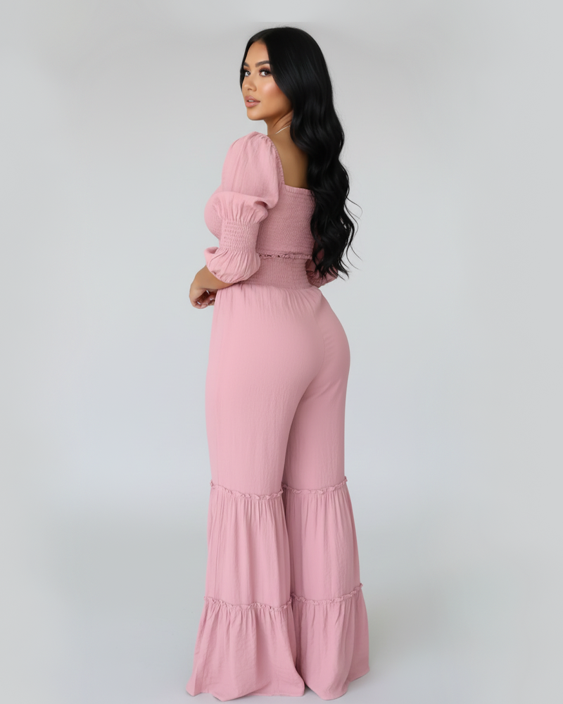 Elegant Vacation Smocked Waist Puff Sleeve Crop Top Ruffle Long Pants Set