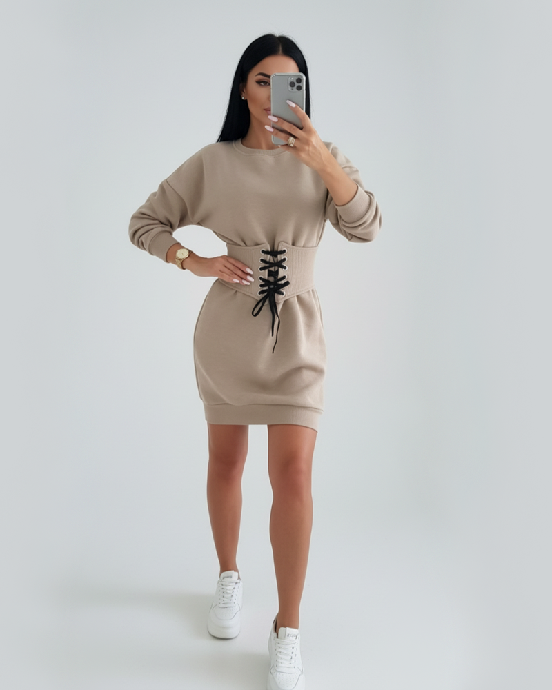Crew Neck Long Sleeve Lace Up Corset Waist Sweatshirt Dress