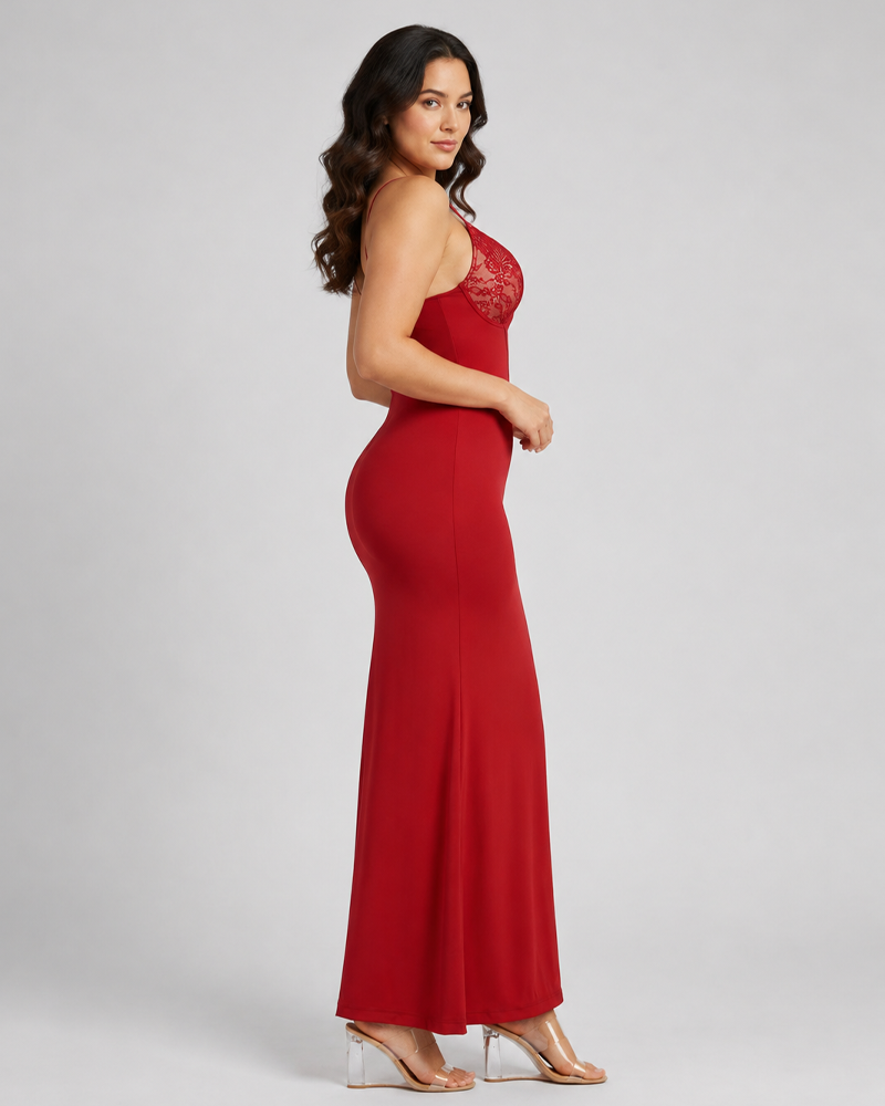 Spaghetti Strap Lace Side Slit Dress with Built‑In Shapewear